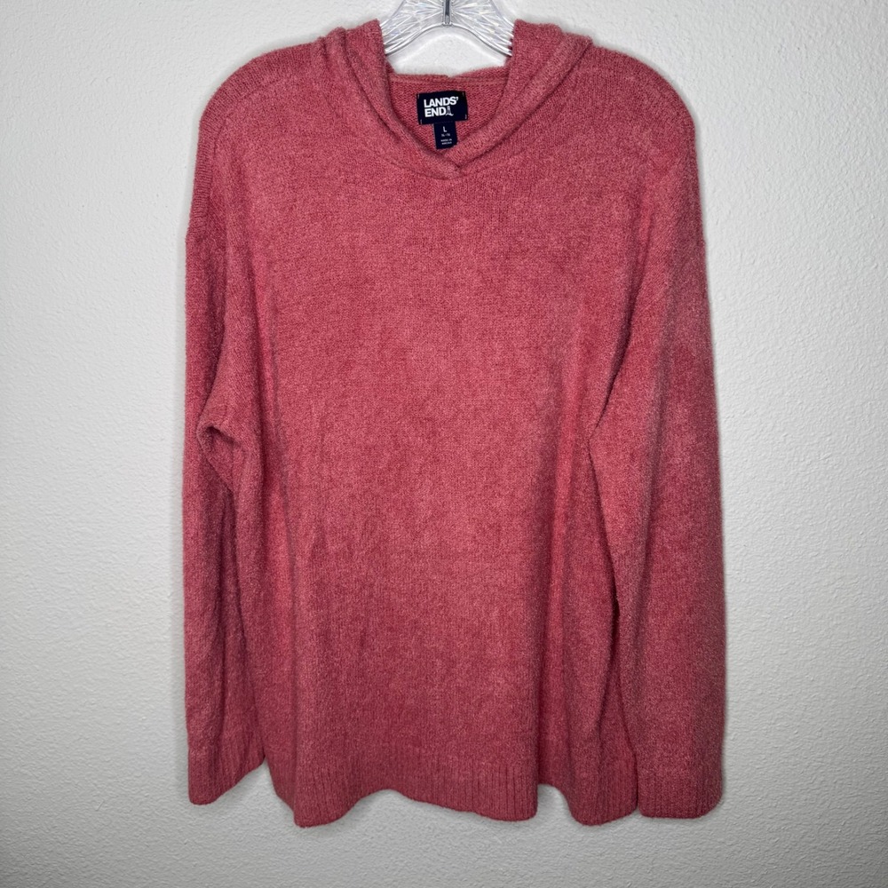 Lands End Women Coral Pink Fuzzy Knit Hoodie Sweater Size L 14-16 Casual Comfort